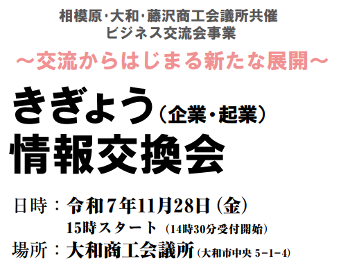sagamiharacci's tweet photo. 【申込受付中】相模原・大和・藤沢商工会議所の共催で『きぎょう情報交換会』を開催。ぜひ、お申込み下さい！
＜日時・会場＞11/28(金）15時～18時45分
　　　　　　　大和商工会議所
＜参加費＞会員：3,000円　非会員：4,000円
第1部）自社PRタイム
第2部）名刺交換会
詳細は
https://t.co/M8QiNeEaNv https://t.co/8cWym7dH0o