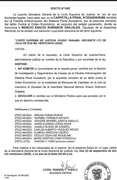 Pleno de la Corte Suprema de Justicia cerró la puerta a una carpetilla donde sale mencionado el diputado y jefe del PRD, Benicio Robinson.
