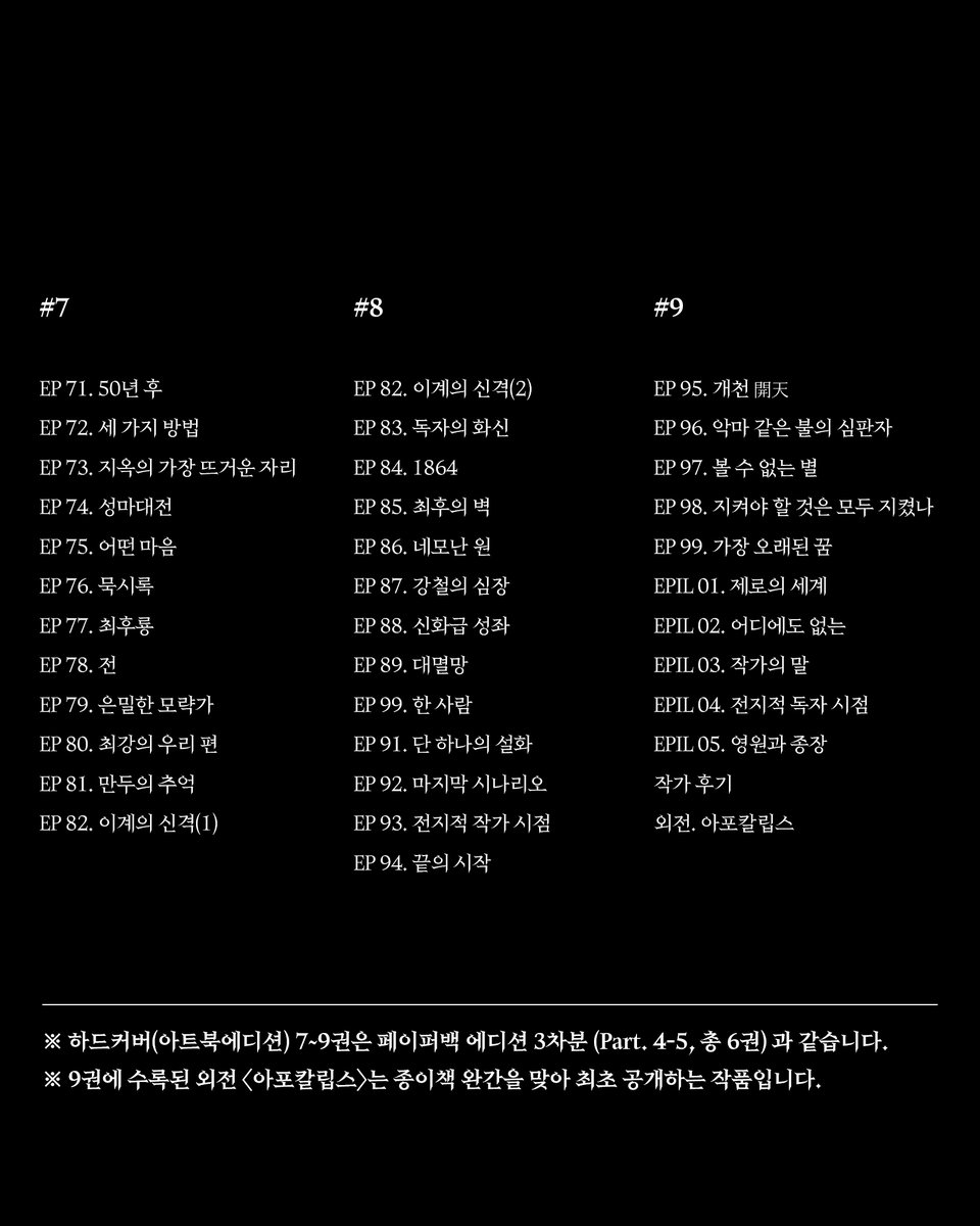 [ 전지적 독자 시점: 아트북에디션 Ⅲ ]
Omniscient Reader’s Viewpoint: Artbook Edition Ⅲ

목차

※ 하드커버(아트북에디션) 7~9권은 페이퍼백 에디션 3차분 (Part. 4-5, 총 6권) 과 같습니다.
※ 9권에 수록된 외전 〈아포칼립스〉는 종이책 완간을 맞아 최초 공개하는 작품입니다.

2025.09