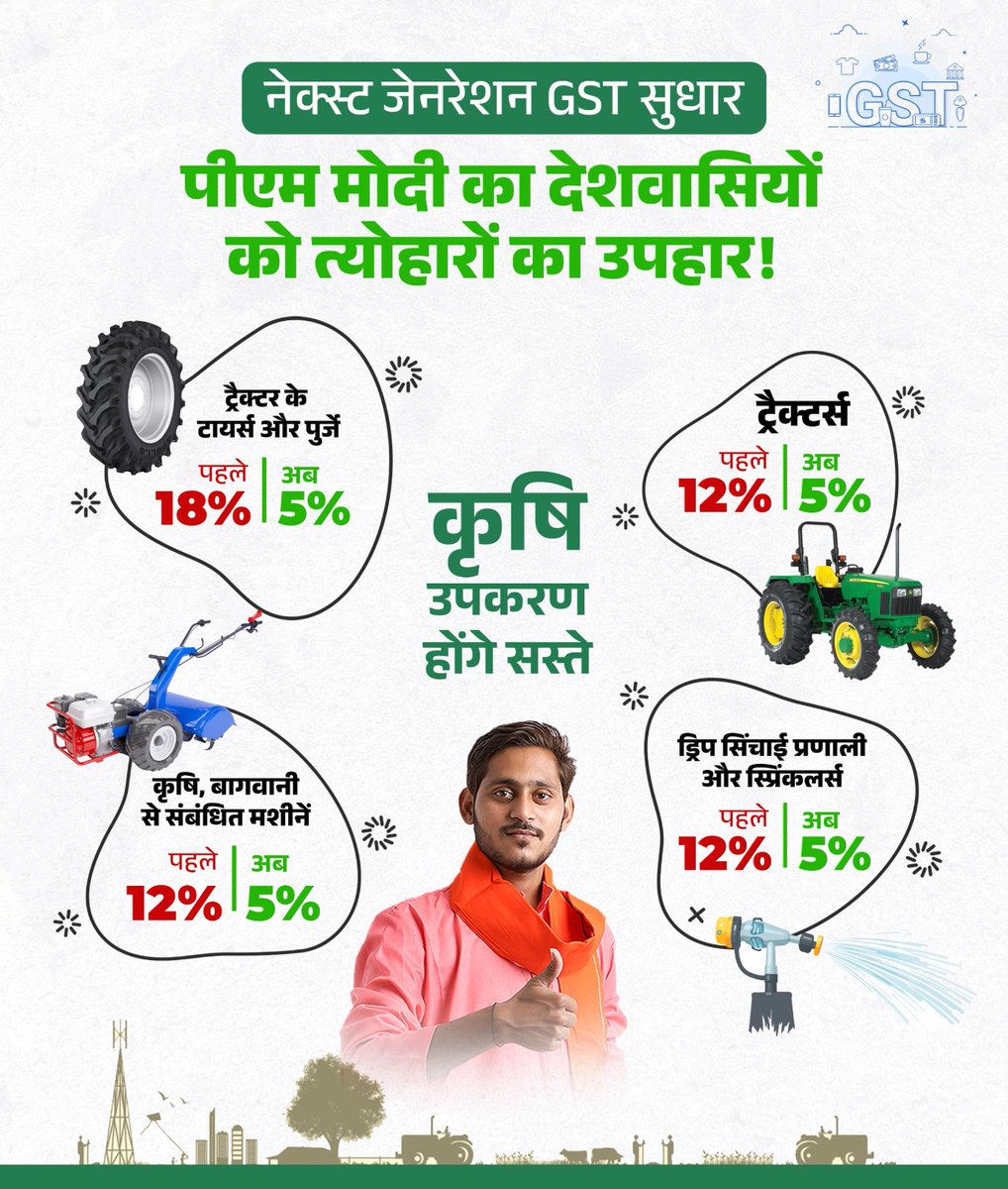 BJP4Jharkhand's tweet photo. खेती होगी सस्ती, किसान होंगे खुशहाल! 🌱

नेक्स्ट जेनरेशन GST सुधार = ZERO बोझ, MAXIMUM फायदा।🚜

#NextGenGST https://t.co/nzh2PCsGBz