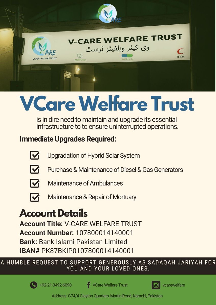 Appeal for Donations!

Please support VCare Welfare Trust Karachi, an organisation dedicated to serving humanity through its mortuary, medical clinic, pharmacy, ambulance service, and monthly ration support for needy families.

Your generous contributions are urgently needed to