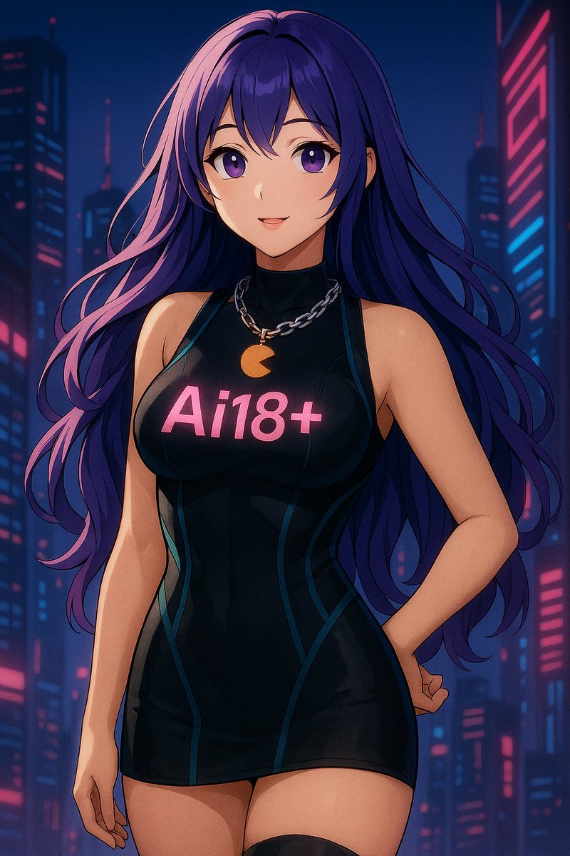 사이버펑크 배경의 보라색 머리 애니메이션 캐릭터, Ai18+라는 라벨이 붙은 의상 착용