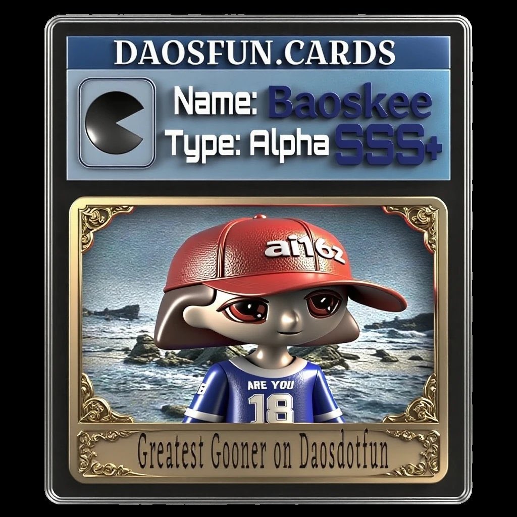 Baoskee를 Alpha SSSS+ 타입으로 특징화한 DAOSFUN.CARDS, 만화 스타일의 외계인 캐릭터 포함