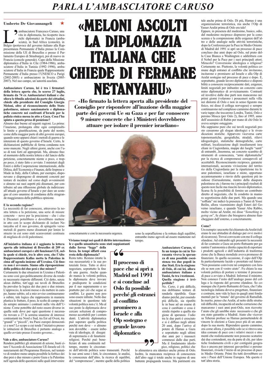 “Meloni ascolti la diplomazia italiana che chiede di fermare Netanyahu”
Intervista all’ambasciatore Caruso
Umberto De Giovannangeli, l’Unità