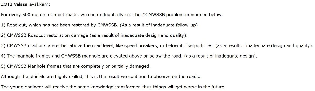 BalajiGopalanCH's tweet image. Retweet:
@CMOTamilnadu @Chief_Secy_TN @tnmaws failed to monitor ZO11 @CHN_Metro_Water works - #NoAction #NoInvestigation #NoAccountability

Most roads suffer due to Improper #CMWSSB #Engineering works.Only 4 possible reasons: #Corruption #Indifference #NoFunds #CluelessOfficials