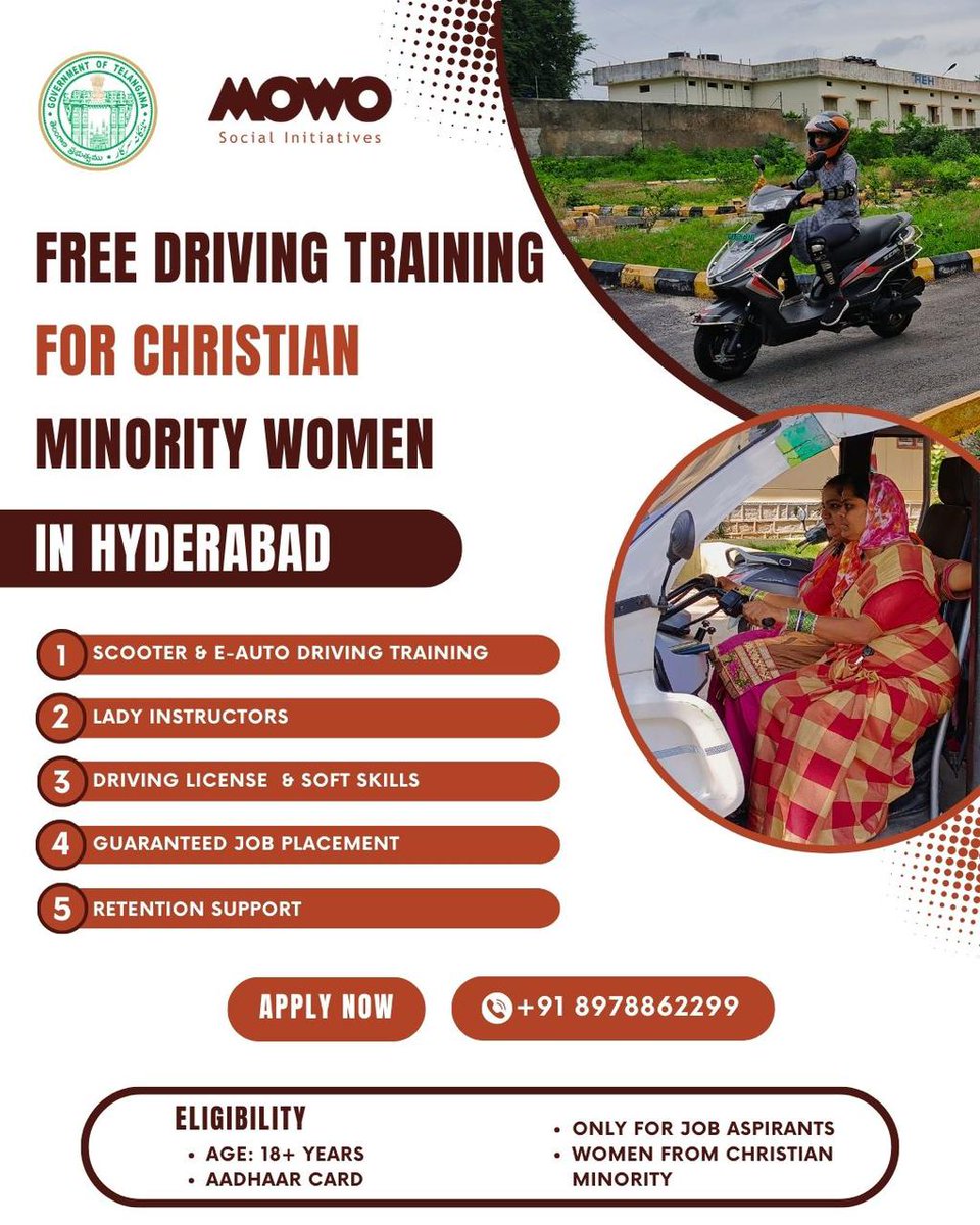 MOWO__Hyd's tweet image. 🌟 Free Driving Training for Christian Minority Women in Hyderabad! 🌟
🚦 Learn 2-Wheeler & E-Auto driving
✅ Women Instructors
✅ License & Job Support
📍 Kukatpally | Apply before Sept 10, 2025
📞 Call for any questions +91 89788 62299
#WomenEmpowerment #Hyderabad #LearnToDrive
