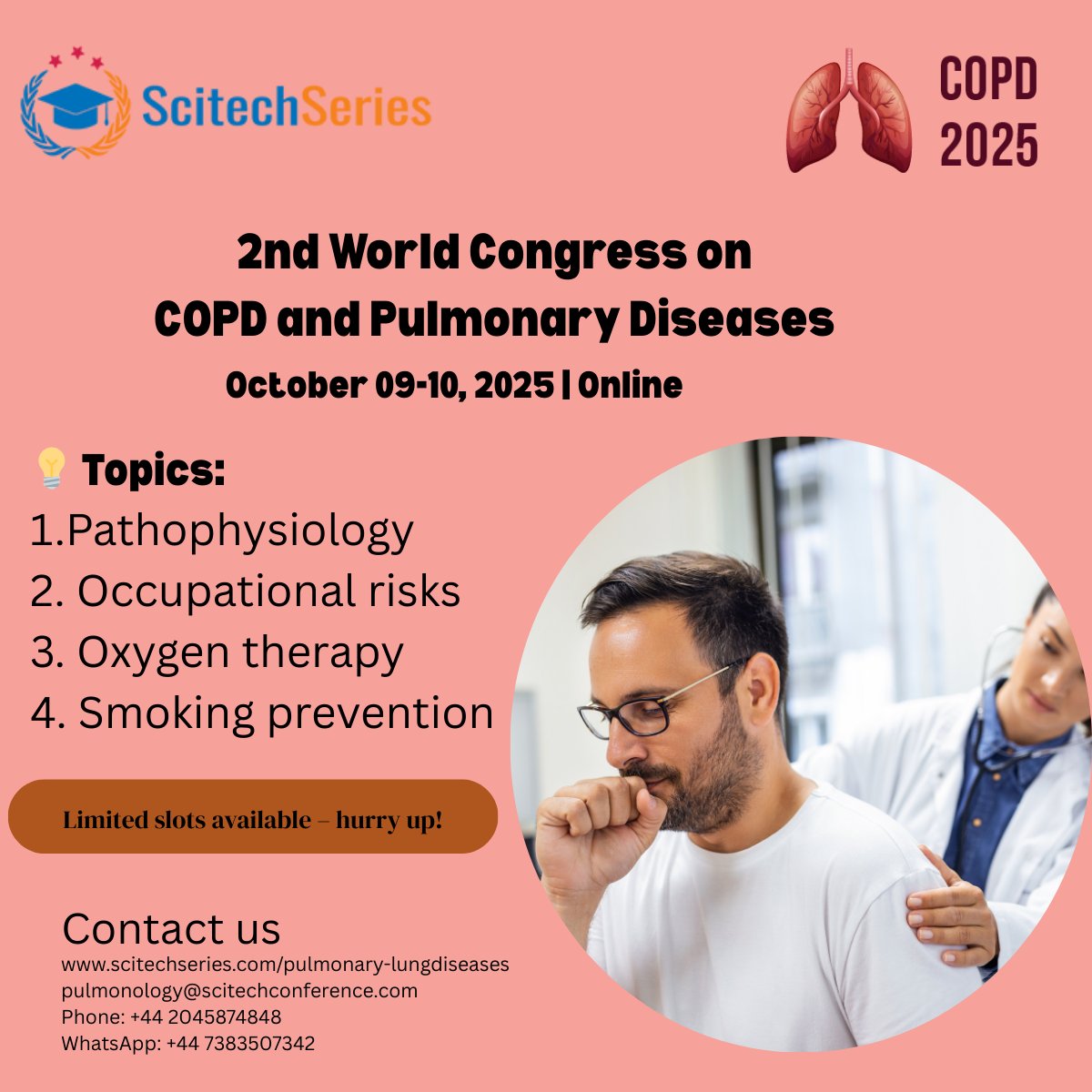 🌍Join us at the 2nd World Congress on COPD &amp; Pulmonary Diseases
📅 October 9-10, 2025 | 💻Online
🫁 Explore COPD pathophysiology, oxygen therapy, smoking cessation &amp; more!
🔗scitechseries.com/pulmonary-lung…—register now!
#COPD2025 #PulmonaryHealth #LungDisease #MedTwitter <a href="/ScitechSeries/">Scitech Series</a>