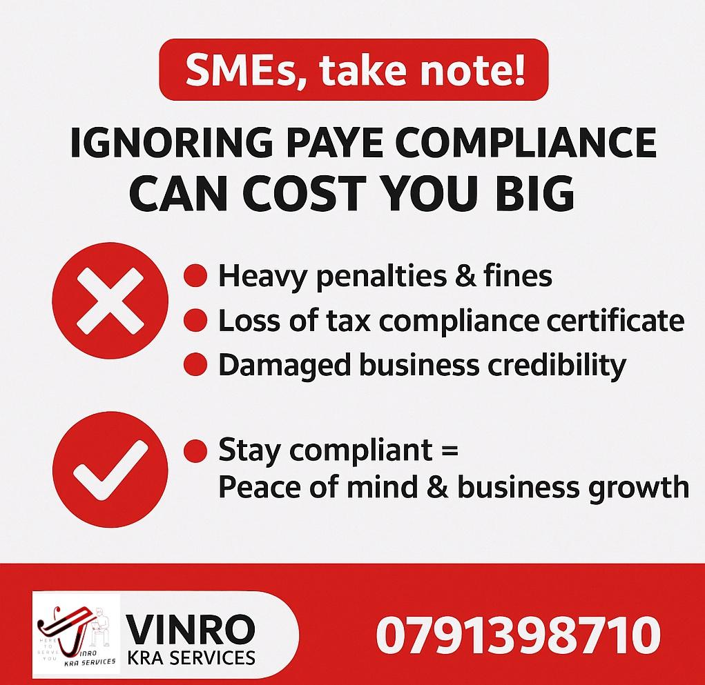 🚨 SMEs, take note!
Ignoring PAYE compliance can cost you BIG:

❌ Heavy penalties &amp; fines
❌ Loss of tax compliance certificate
❌ Damaged business credibility

✅ Stay compliant = Peace of mind &amp; business growth.
#VinroKraService #PAYE #SMEs