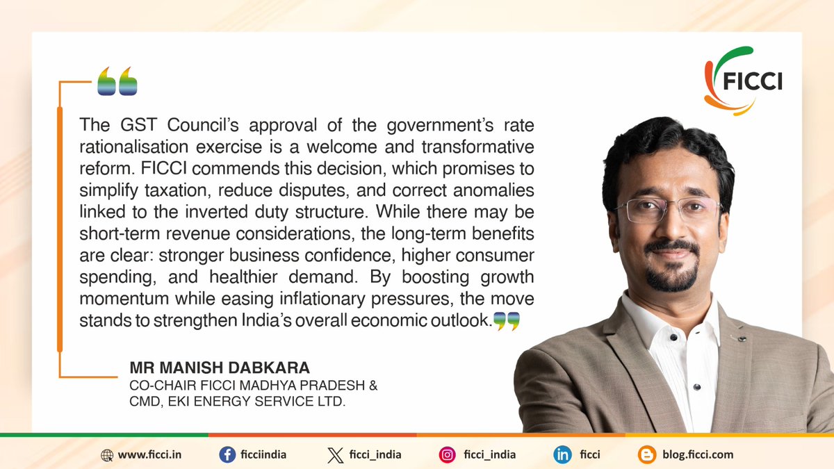 ficci_india's tweet image. The #GST Council’s approval of the government’s rate rationalisation exercise is a welcome and transformative reform. FICCI commends this decision, which promises to simplify taxation, reduce disputes, and correct anomalies linked to the inverted duty structure. While there may…