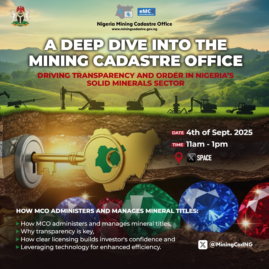 📷📷📷 Twitter Space Alert!
Join us for: Topic: Inside the Nigerian Mining Cadastre Office: A Deep Dive into Mineral Title Administration by the MCO
📷 Thursday 4th Sept. 2025
📷 11AM – 1PM
📷 X Spaces
📷Follow
<a href="/MiningCadNG/">Nigeria Mining Cadastre Office</a>