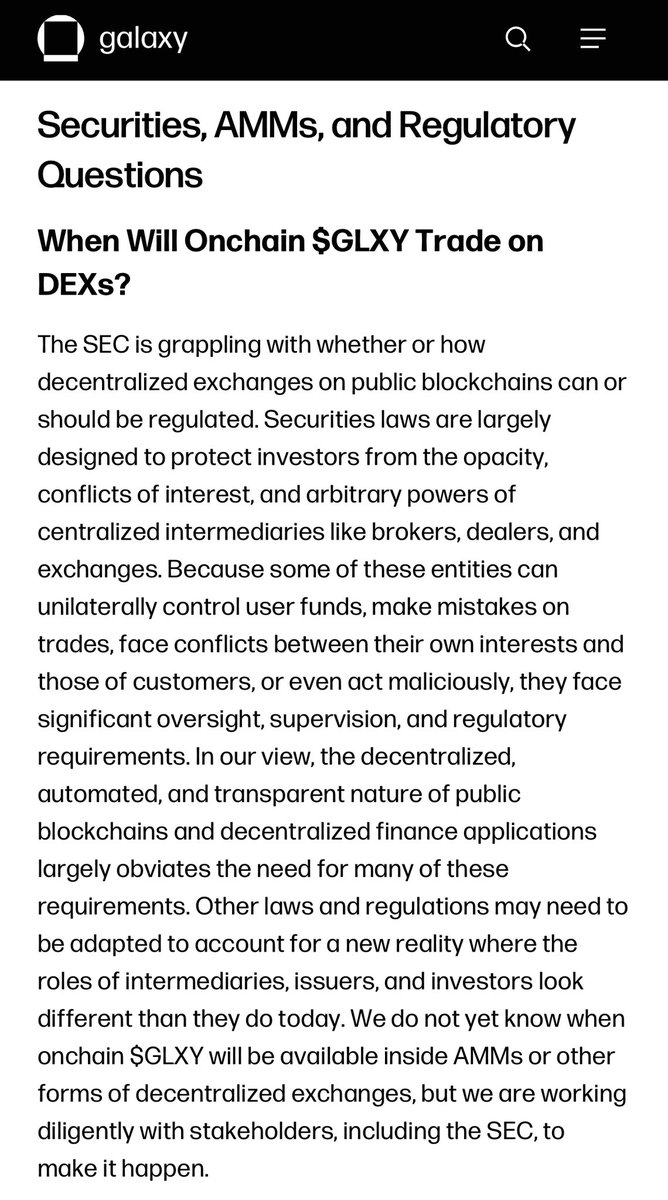 Securities, AMMs, and Regulatory Questions section from Galaxy white paper