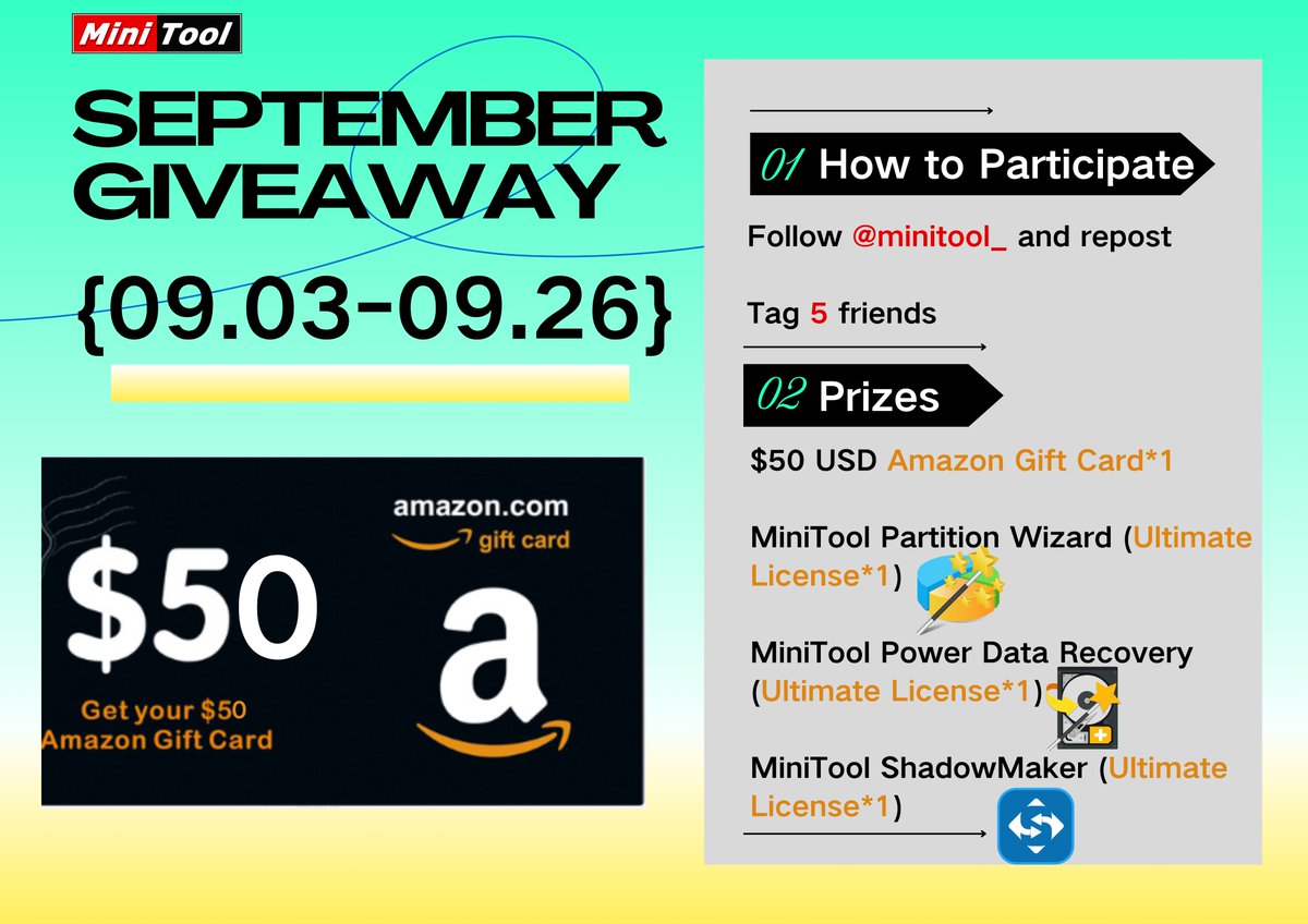 minitool_'s tweet photo. Win BIG with MiniTool!🎉

We're giving away a $50 Amazon Gift Card + 3 exclusive MiniTool Ultimate Licenses!

To enter:
🔥Follow @minitool_  
🔥Repost this tweet  
🔥Tag 5 friends who need these tools!

Deadline: Sept 26  
Winners revealed soon after! Don’t miss out! 

#Giveaway #MiniTool #TechGiveaway #Freebies