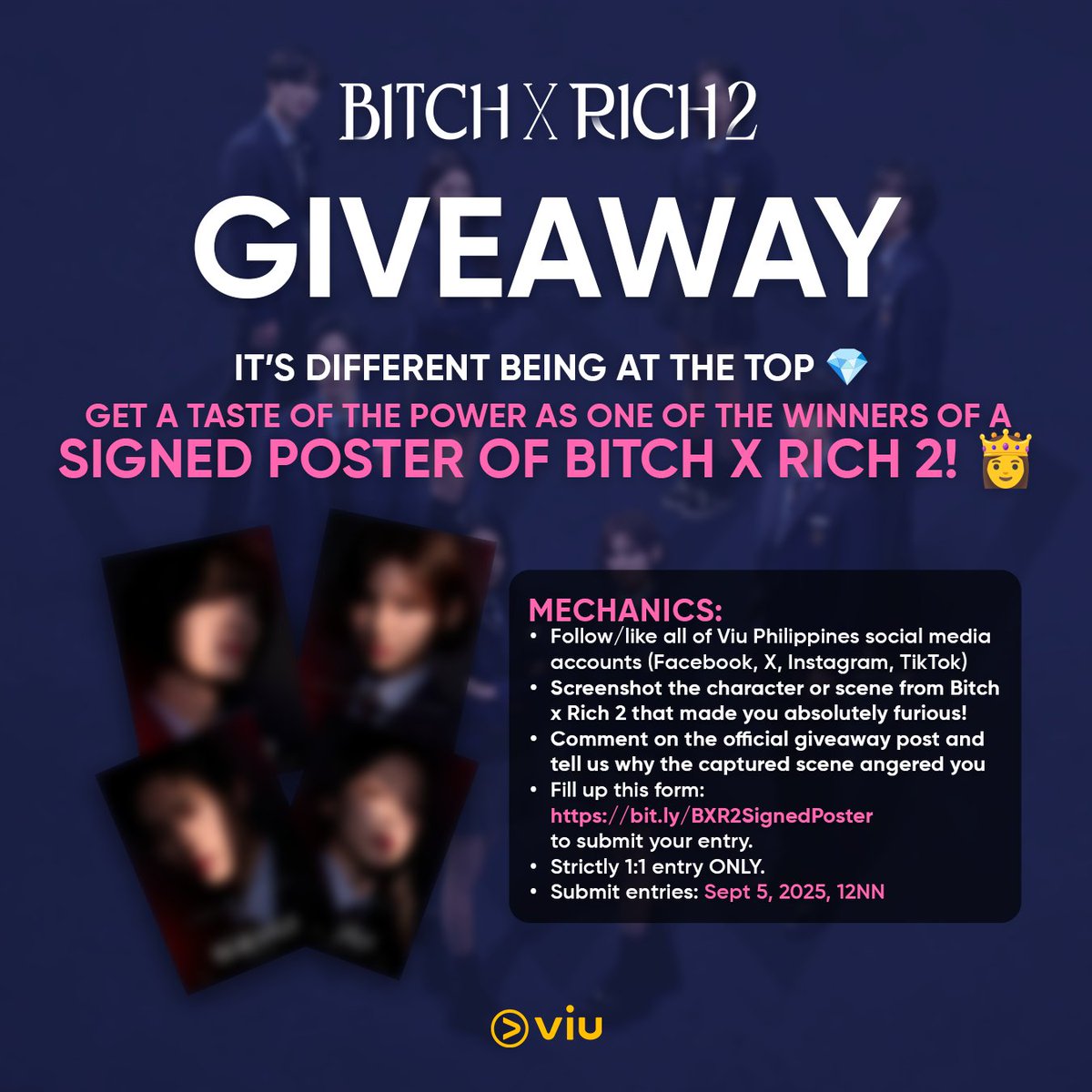 It’s different being at the top 💎 Get a taste of power as one of the winners of a signed poster of BITCH X RICH 2! 🚊

➡️ Don’t forget to READ FULL MECHANICS to join!
🔗: bit.ly/BXR2SignedPost…
#ViuGiveaway #BitchXRich2 #LeeEunSaem #KimYeRim #LeeJongHyuk