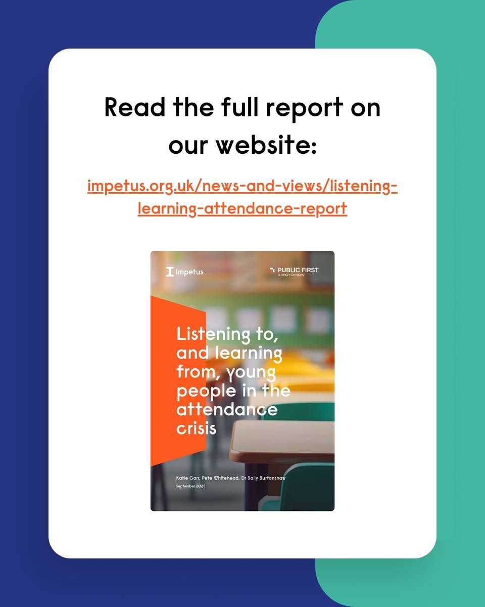 It’s now normal for young people not to attend school every day, with exhaustion and emotional wellbeing cited as key drivers.

Our new report with Public First on the school attendance crisis reveals not just what is happening amongst young ppl, but why.

impetus.org.uk/publications