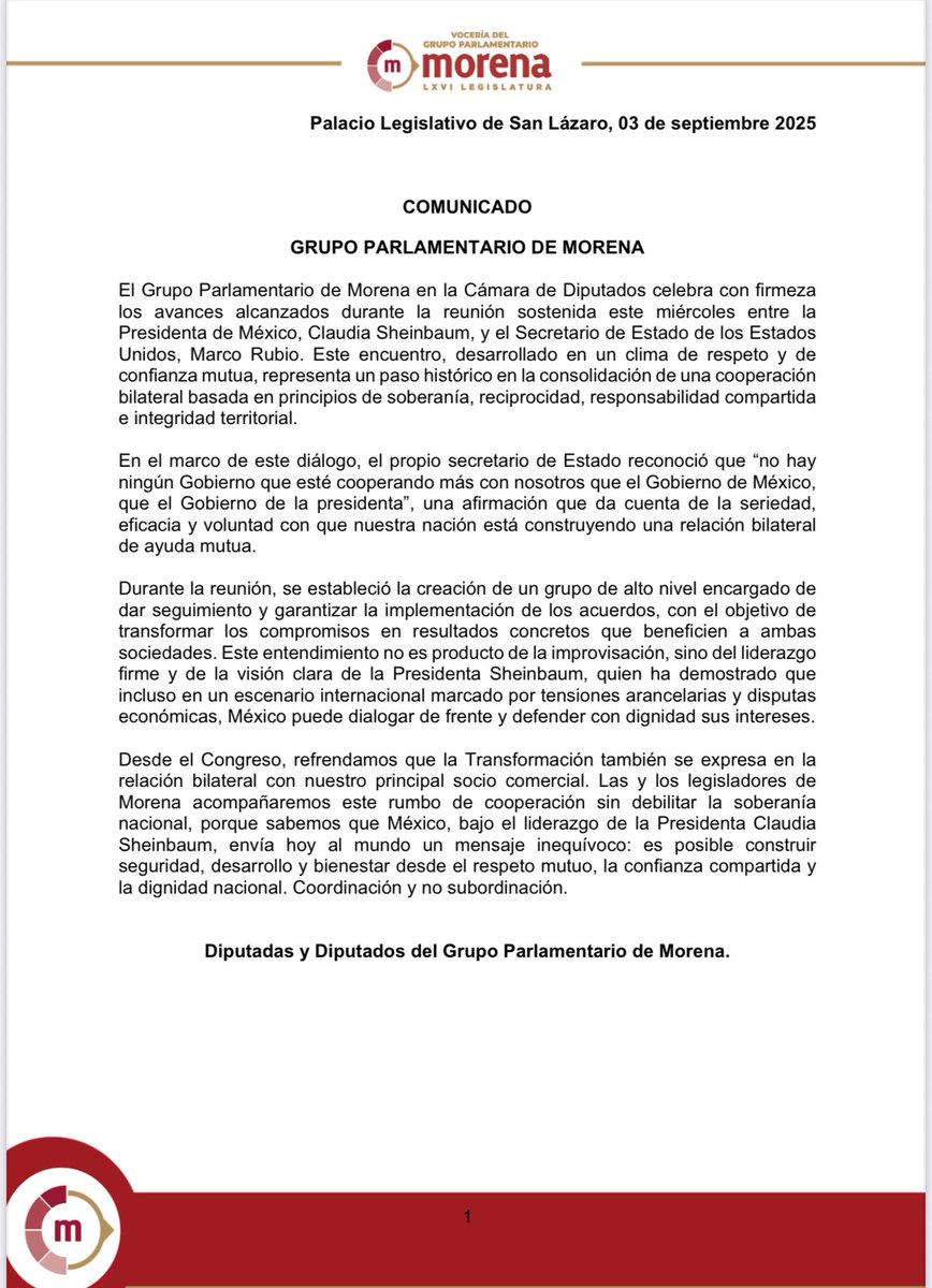 Desde la <a href="/Mx_Diputados/">H. Cámara de Diputados</a> y como diputado federal expresó todo mi reconocimiento a nuestra presidenta la Dra <a href="/Claudiashein/">Claudia Sheinbaum Pardo</a> por los avances alcanzados en su reunión de trabajo con el Secretario de Estado de #USA <a href="/marcorubio/">Marco Rubio</a> #MarcoRubio