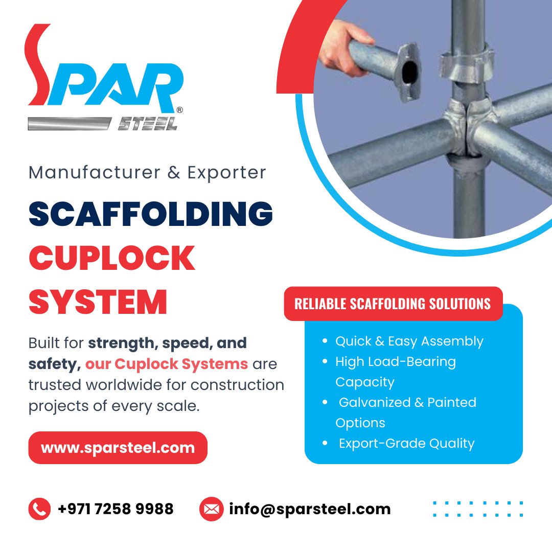 SteelSpar's tweet image. Scaffolding Cuplock System – Fast, Strong &amp;amp; Versatile! 
Upgrade your construction site with our Cuplock System, the trusted choice for safe and efficient scaffolding. 
🌐 sparsteel.com
#cuplockSystem #scaffoldingsolutions #SafeScaffolding #ConstructionSupport