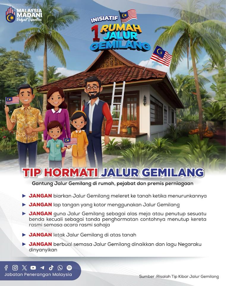 Berikut adalah tip penting untuk kita semua dalam menghormati Jalur Gemilang — simbol kedaulatan dan maruah negara.

Amalkan etika yang betul agar semangat patriotik kekal mekar dalam jiwa rakyat Malaysia! 🇲🇾✨

#HKHM2025
#MalaysiaMADANI 
#RakyatDisantuni
#TaatSetia