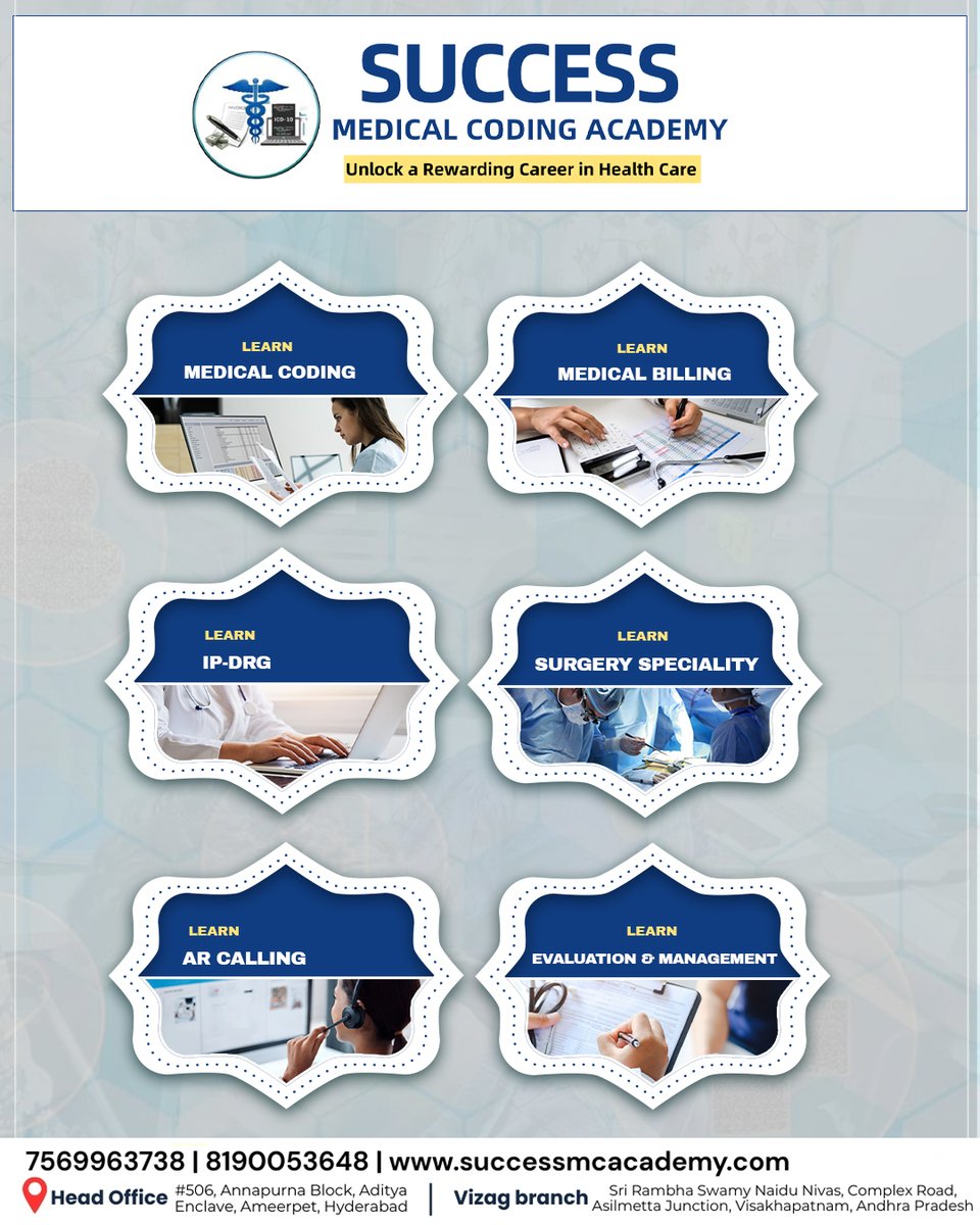 SuccessCoding's tweet image. Unlock your career in healthcare with Success Medical Coding Academy!
Learn Medical Coding, Billing, IP-DRG, Surgery Specialty, AR Calling, and E&M with expert guidance & guaranteed career support
#SuccessMedicalCoding #MedicalCoding #Coding #MedicalBilling #Ameerpet #HYD
