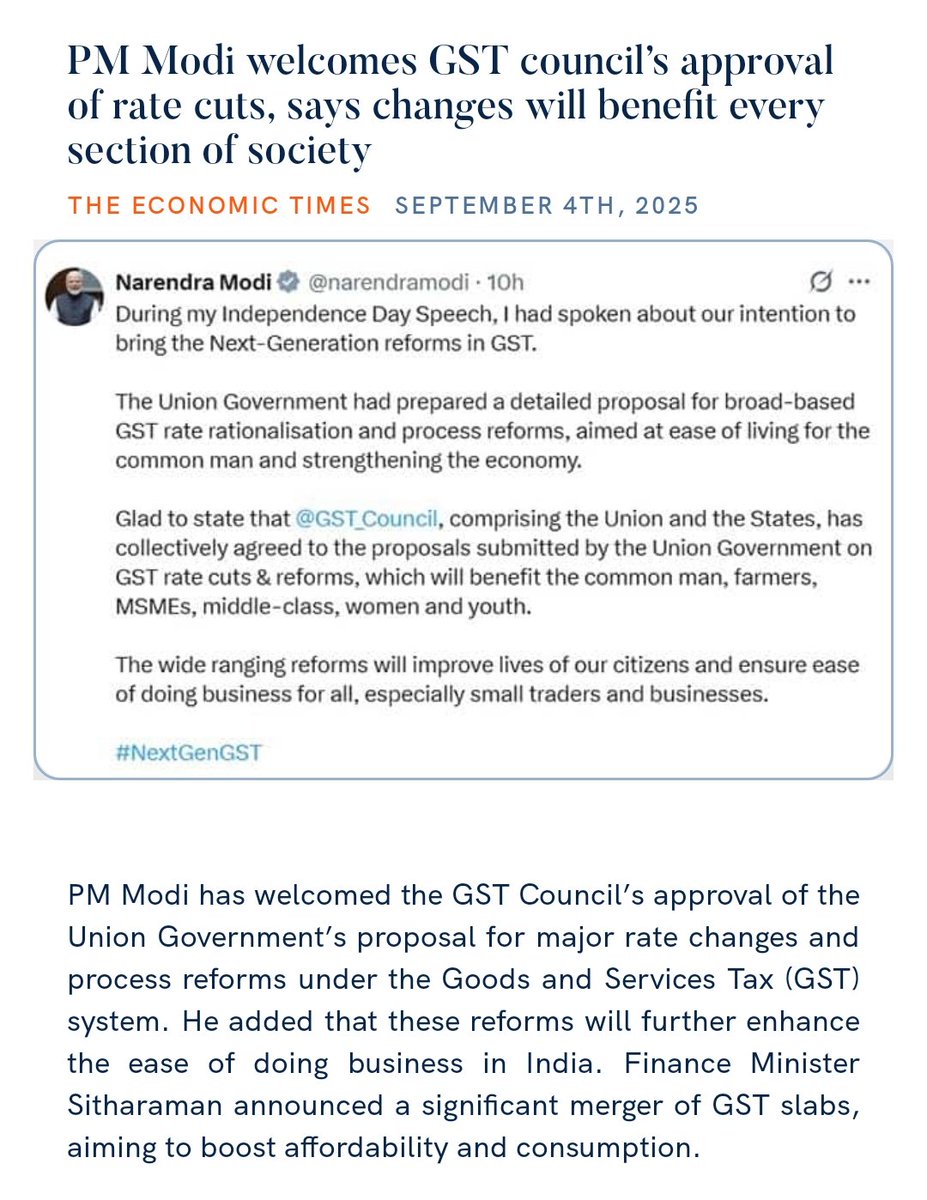 PM <a href="/narendramodi/">Narendra Modi</a> welcomes GST council’s approval of rate cuts, says changes will benefit every section of society
economictimes.indiatimes.com/news/india/pm-… 

via NaMo App