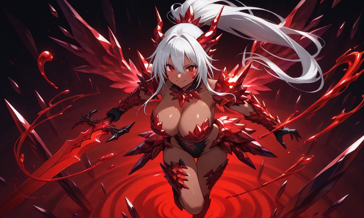 クリスタル血竜娘褐色銀髪さん(仮)

クリスタルドラゴン娘界で恐らく最もおバカ兼バーサーカーな娘。昔見た剣がカッコいいからとよく作るのだがメインの使用法は背後の血水晶と併せた投擲。剣術？ナニソレオイシイノ？
#CrystalDragonGirlAI
#AIart 
#AIイラスト