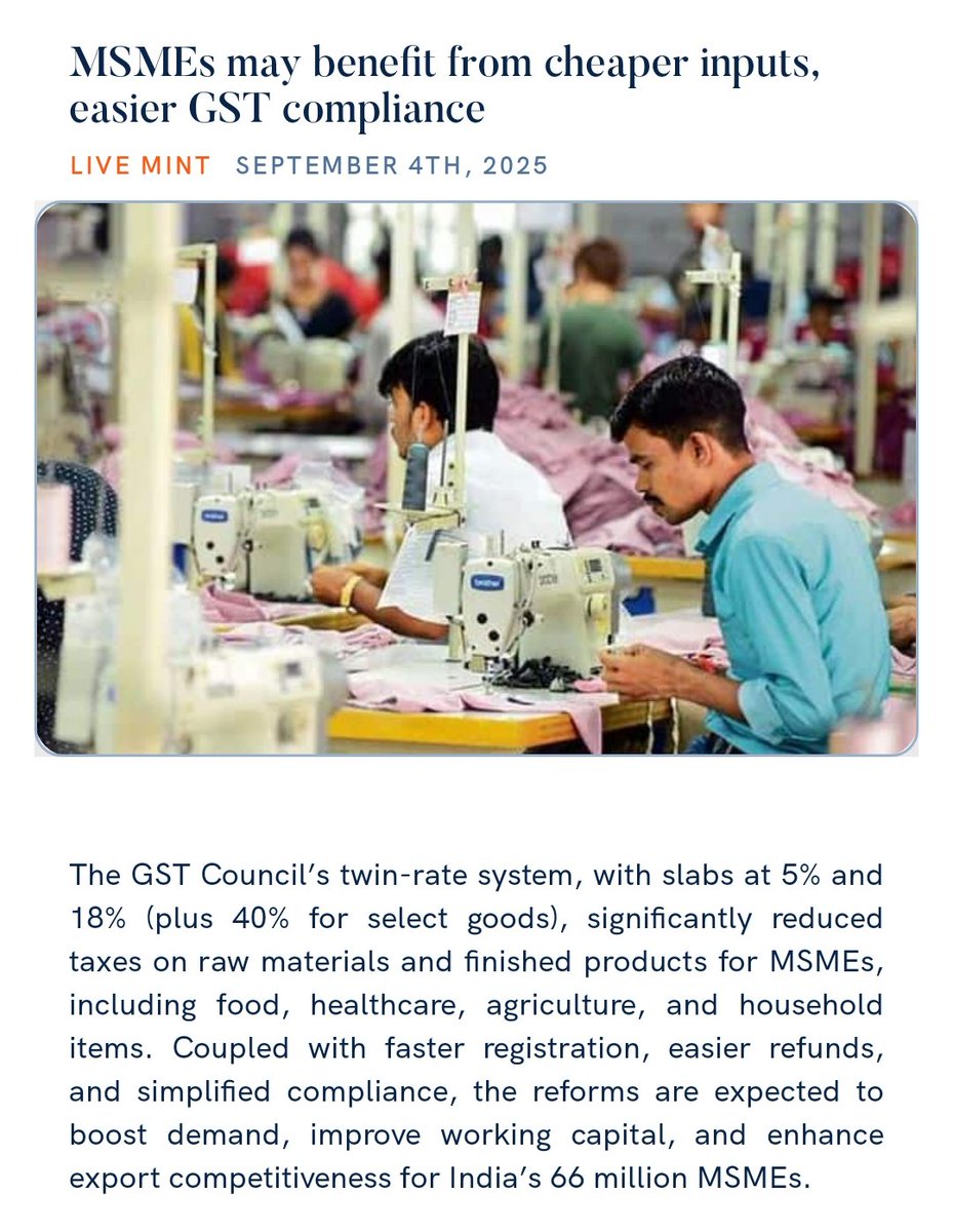 MSMEs may benefit from cheaper inputs, easier GST compliance 
livemint.com/economy/msme-m… 

via NaMo App