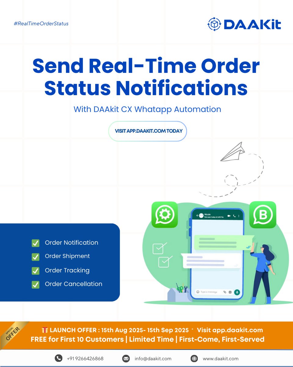 daakit's tweet image. Stop losing customers to poor communication! DAAkit&apos;s WhatsApp automation sends real-time order updates from confirmation to delivery.

FREE for first 10 customers (Aug 15-Sep 15)! Visit app.daakit.com
.
#WhatsAppAutomation #OrderNotifications #LaunchOffer