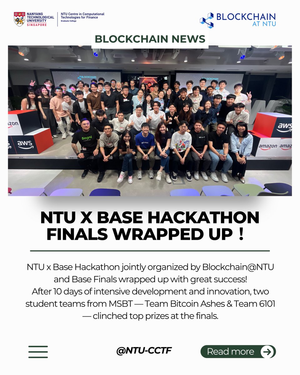 🚀 NTU x Base Hackathon Finals wrapped up with great success!

After 10 days of intensive development and innovation, two student teams from CCTF Master of Science in Blockchain — Team Bitcoin Ashes &amp; Team 6101 — clinched top prizes at the finals held at the AWS Singapore office!