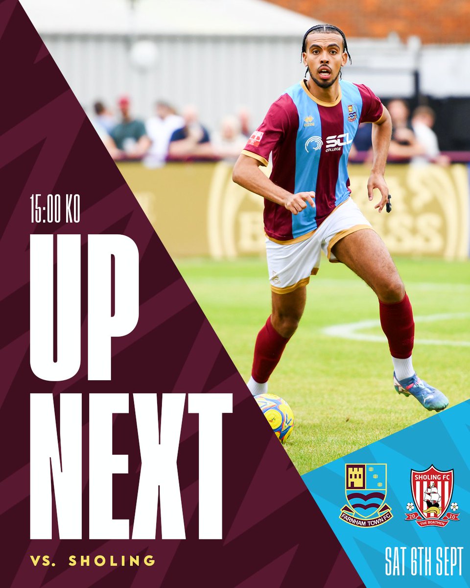 ⏭️ 𝗨𝗣 𝗡𝗘𝗫𝗧

Join us for a huge 1st vs 2nd clash at home this weekend! ⬇️

🗓️ Sat. Sept 6th
🆚 <a href="/sholingfc/">Sholing FC</a> 
⏰ 3PM KO
🏟️ The Memorial Ground
📍 Mead Lane, GU9 7DY
🎟️ Adults £10, Conc. £6
🆓 Free entry for U16s
💳 Cash / Card accepted on the Gate
🍺 Bar open from 1PM