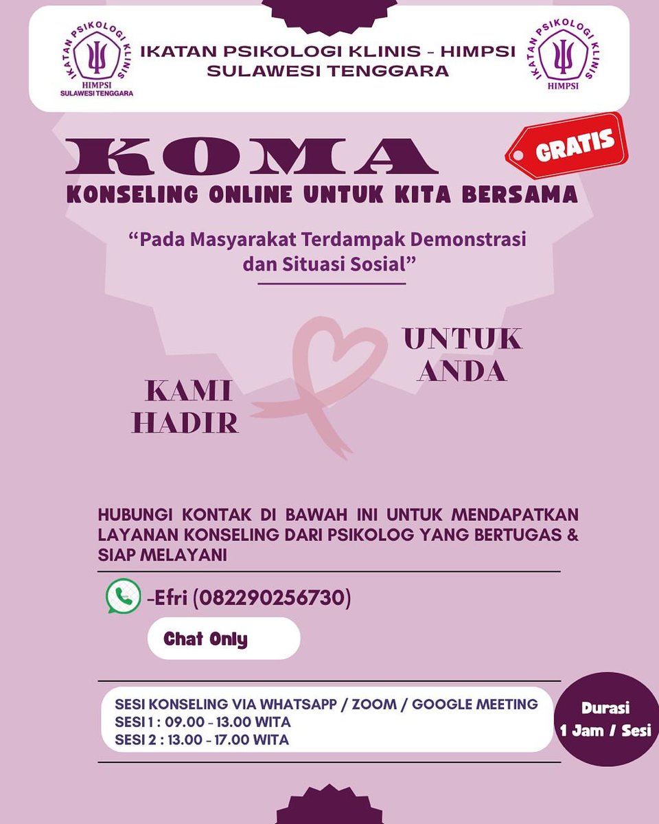 BTS_AHC_IDN's tweet photo. Layanan Konseling Psikologi Online Gratis untuk teman-teman yang mungkin membutuhkan atau terdampak Demonstrasi dan situasi sosial saat ini 🙏💜 https://t.co/IqmxVP5S37