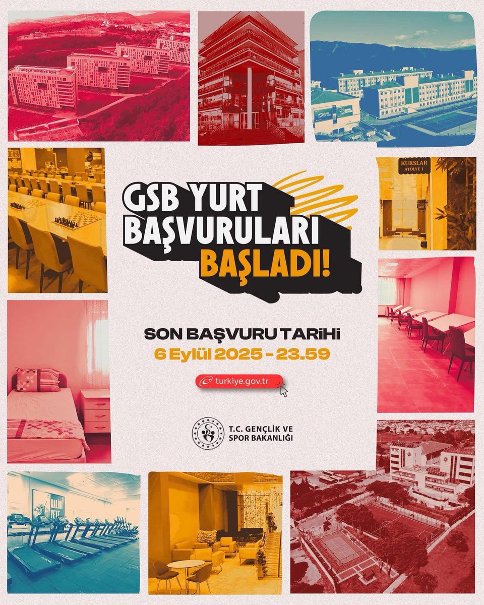 Sevgili gençler;

📣#GSBYurtları için başvuru süreci an itibarıyla başladı!🏢

Hayırlı, uğurlu olsun.🇹🇷🙋🏻‍♂️

📌Başvurularınızı 6 Eylül Cumartesi günü saat 23.59'a kadar e-Devlet üzerinden yapabilirsiniz.