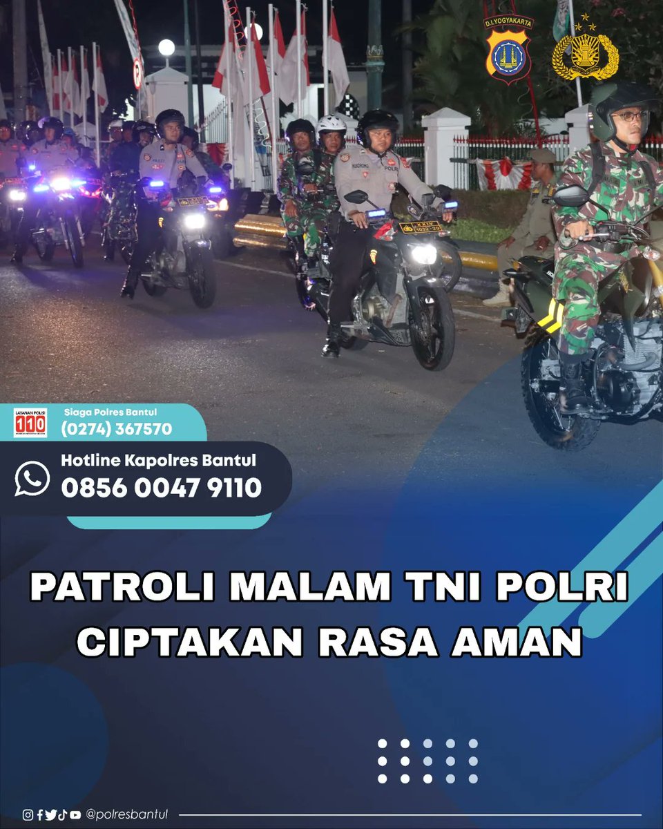 Guna menciptakan situasi kewilayahan yang senantiasa kondusif, Polres Bantul bersama Kodim O729 Bantul melaksanakan patroli bersama, Sabtu (30/8/2025)