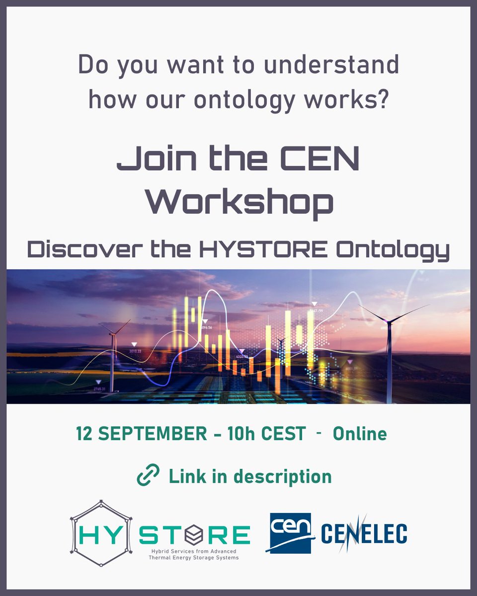 HYSTORE-PROJECT (@hystoreproject) on Twitter photo 2nd WORKSHOP for the HYSTORE & CEN and CENELEC standardisation on Thermal Energy Storagewith the SAREF4TESS ontology!
📅 12 September | 🕙 10h CEST | 💻 Online
REGISTER HERE 👉 hystore-project.eu/cen-and-hystor…
Organised by <a href="/Standards4EU/">CEN and CENELEC</a> <a href="/ucddublin/">University College Dublin</a> <a href="/DCU/">Dublin City University</a> & UNE
#EUproject 2nd WORKSHOP for the HYSTORE & CEN and CENELEC standardisation on Thermal Energy Storagewith the SAREF4TESS ontology!
📅 12 September | 🕙 10h CEST | 💻 Online
REGISTER HERE 👉 hystore-project.eu/cen-and-hystor…
Organised by <a href="/Standards4EU/">CEN and CENELEC</a> <a href="/ucddublin/">University College Dublin</a> <a href="/DCU/">Dublin City University</a> & UNE
#EUproject