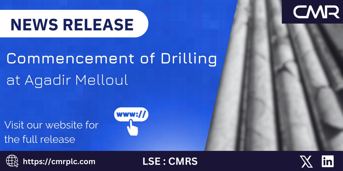 🚨NEWS RELEASE

We're pleased to announce the commencement of drilling at #AgadirMelloul in Morocco

Phase 1 is 6,000m of diamond drilling 

Read the full release here:polaris.brighterir.com/public/caerus_…

Give us a follow &amp; stay tuned for more!

$CMRS #CMRS #Copper #Exploration #Development