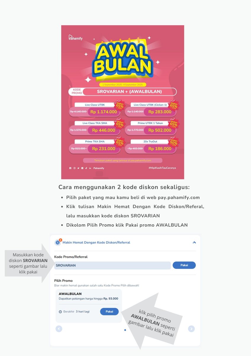 VarianPahamify's tweet image. PAKET PROMO PAHAMIFY TERBARU September 2025: PERSIAPAN UTBK📷 Kode Diskon Mipi murah: Paket Belajar, Try Out UTBK &amp;amp; TO TKA (TO Pahamify Premium), dan Live Class  Langganan pakai kode voucher Pahamify: SROVARIAN + AWALBULAN siap TO UTBK #TOUTBK #LIVECLASS #TKA