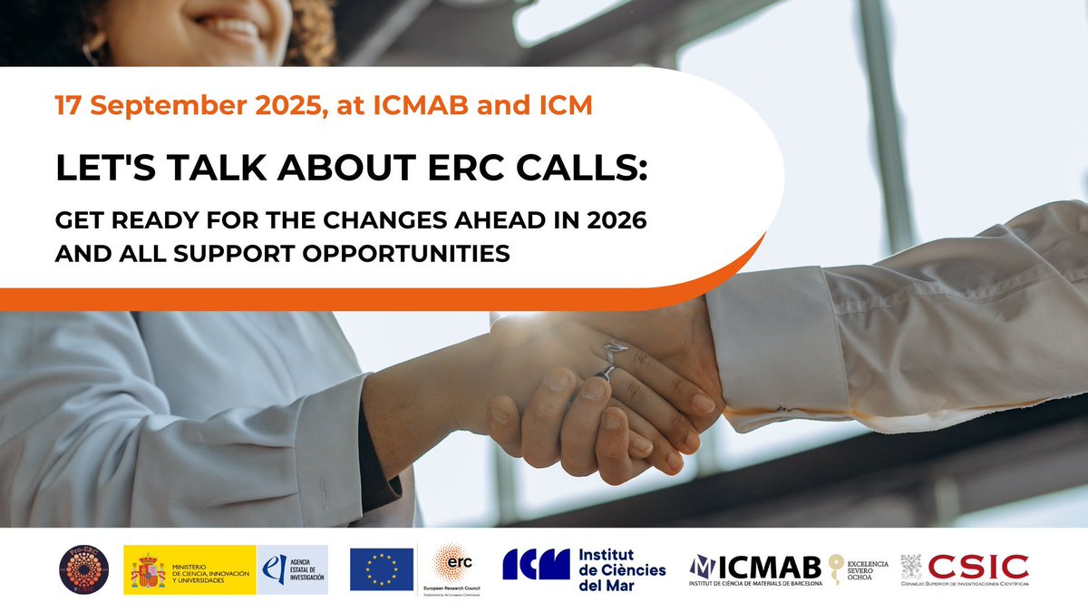 icmabCSIC (@icmabcsic) on Twitter photo Save the date 📅
Planning to apply for an #ERC grant (2026) or support someone who is? Join us on 17 Sept 2025 at <a href="/icmabCSIC/">icmabCSIC</a> & <a href="/ICMCSIC/">ICM-CSIC</a> for:
✅ ERC 2026 updates
✅ Success stories
✅ Tips & support
🔗 Info and registration: icmab.es/lets-talk-abou…
<a href="/ERC_Research/">European Research Council (ERC)</a> <a href="/CSICCat/">CSIC en Catalunya</a> <a href="/CSIC/">CSIC</a> Save the date 📅
Planning to apply for an #ERC grant (2026) or support someone who is? Join us on 17 Sept 2025 at <a href="/icmabCSIC/">icmabCSIC</a> & <a href="/ICMCSIC/">ICM-CSIC</a> for:
✅ ERC 2026 updates
✅ Success stories
✅ Tips & support
🔗 Info and registration: icmab.es/lets-talk-abou…
<a href="/ERC_Research/">European Research Council (ERC)</a> <a href="/CSICCat/">CSIC en Catalunya</a> <a href="/CSIC/">CSIC</a>
