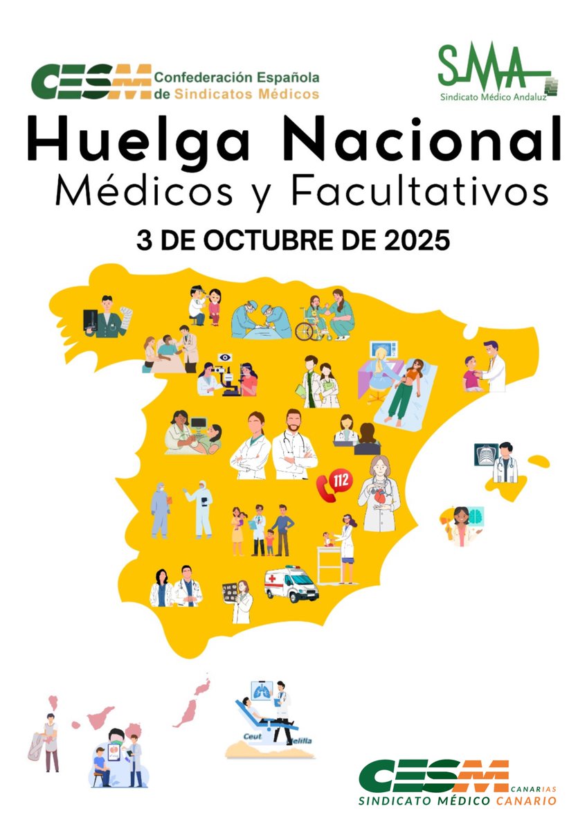 HUELGA NACIONAL MÉDICOS Y FACULTATIVOS
3 de octubre de 2025
Los médicos y facultativos de toda España estamos llamados a la huelga. Una movilización conjunta y necesaria para defender nuestras condiciones laborales, la dignidad profesional y la calidad del sistema sanitario.