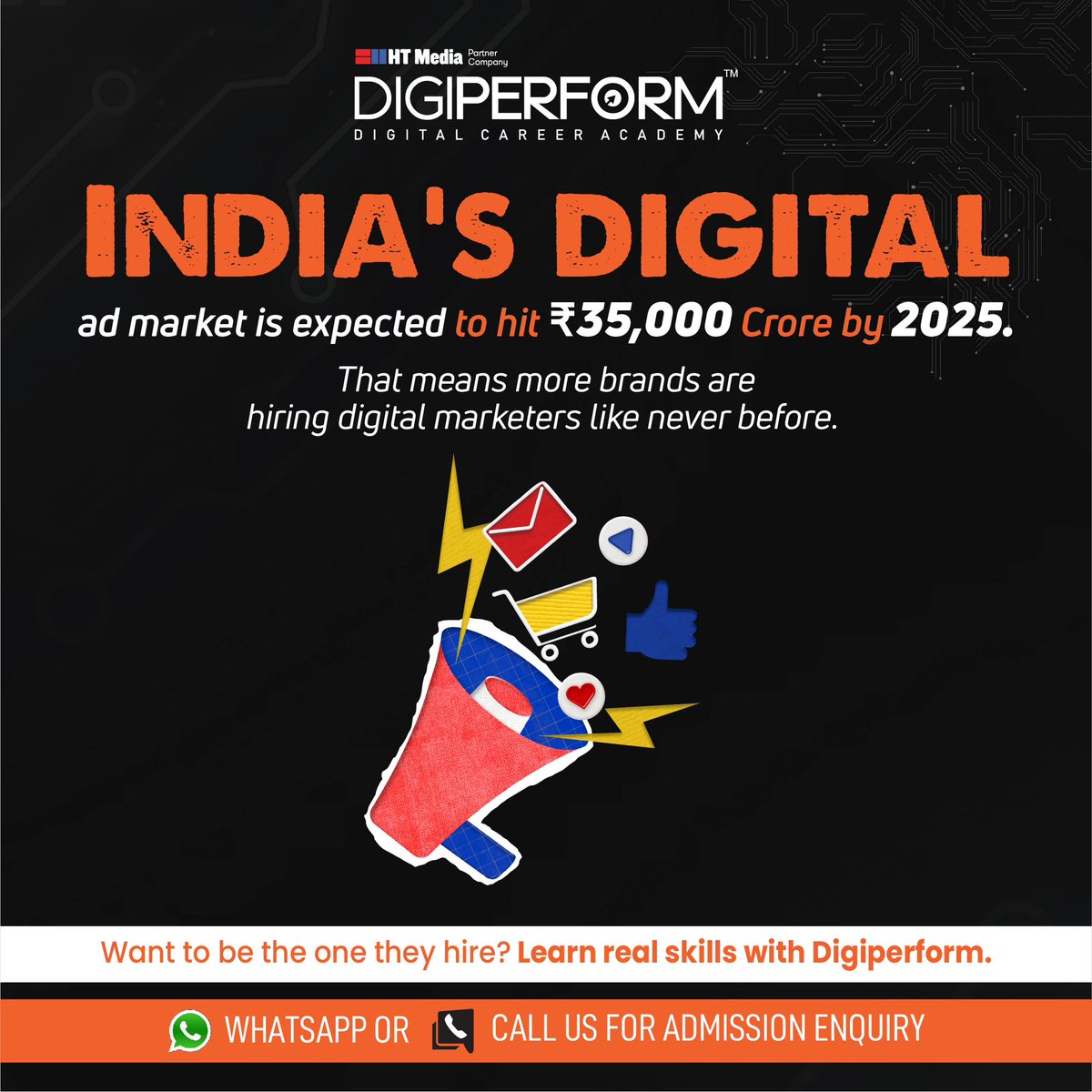 Digiperform_'s tweet image. Digital AD market will hit ₹35,000 crore by the end of 2025! Learn skills that’ll help you get hired 📚 #digiperform #job #skill #jobmarket