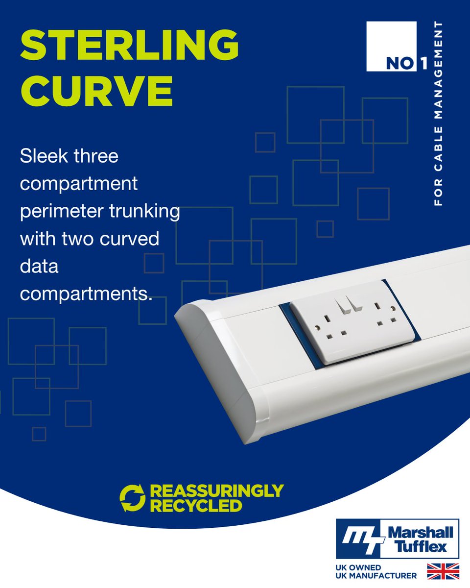 MTufflex's tweet image. Sterling Curve is a best-selling mid-sized three compartment perimeter trunking.

Available in dado or skirting variations.

Manufactured using 52% / 55% recylced material ♻️

#Trunking #PerimeterTrunking #DadoTrunking #SkirtingTrunking #MarshallTufflex