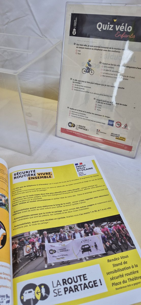 Véronique, Luc et Alain de la coordination <a href="/RoutePlusSure/">Sécurité routière</a> <a href="/bretagnegouv/">Préfet de Bretagne et d'Ille-et-Vilaine</a> sont présents à la course cycliste de <a href="/FougeresAgglo/">Fougères Agglo</a> pour sensibiliser le public àune mailleurz cohabitation. A 100 m de la ligne d'arrivée.