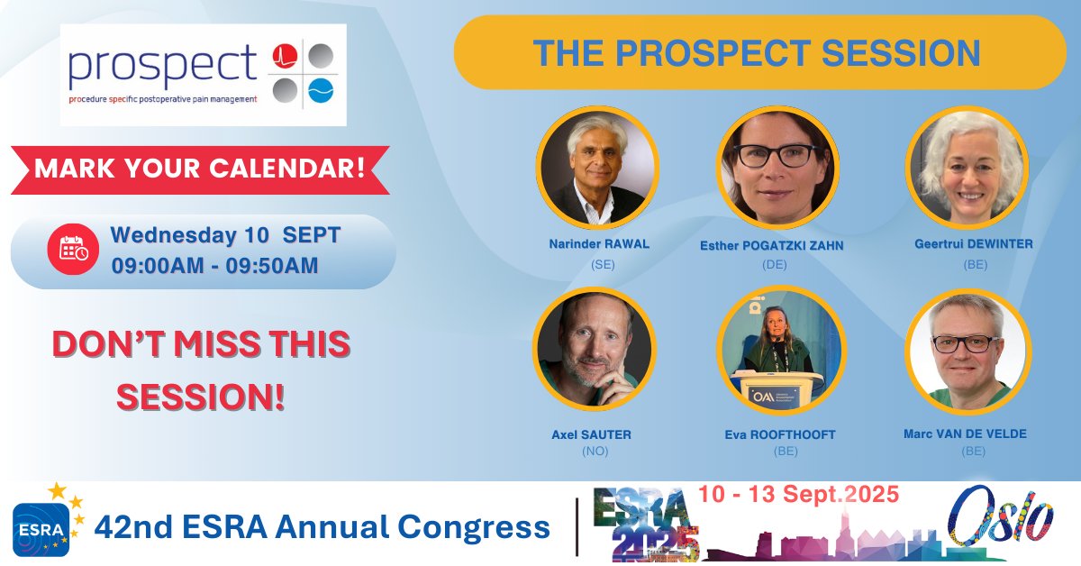 📌 Mark your calendar!

🗓️ Wednesday, 10 September
⏰ 08:00 – 09:50
👤 Chair: Narinder Rawal (Sweden)

Speakers: Esther Pogatzki Zahn (DE), Geertrui Dewinter (BE), Abdominal surgery updates, Axel Sauter (UK), Charlotte De Loecker (BE), Eva Roofthooft (BE) &amp; Marc Van de Velde (BE)
