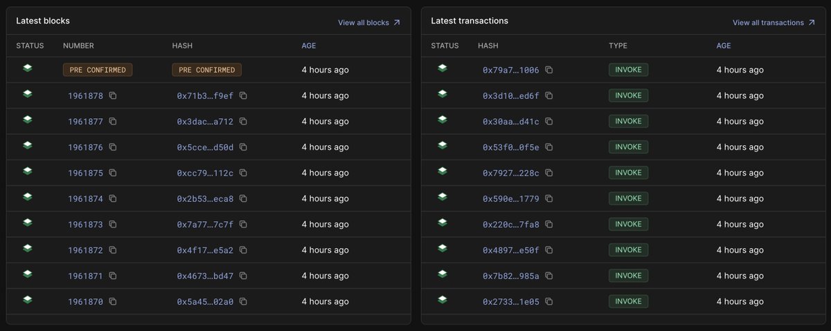Screenshot of Starknet explorer showing halted block production