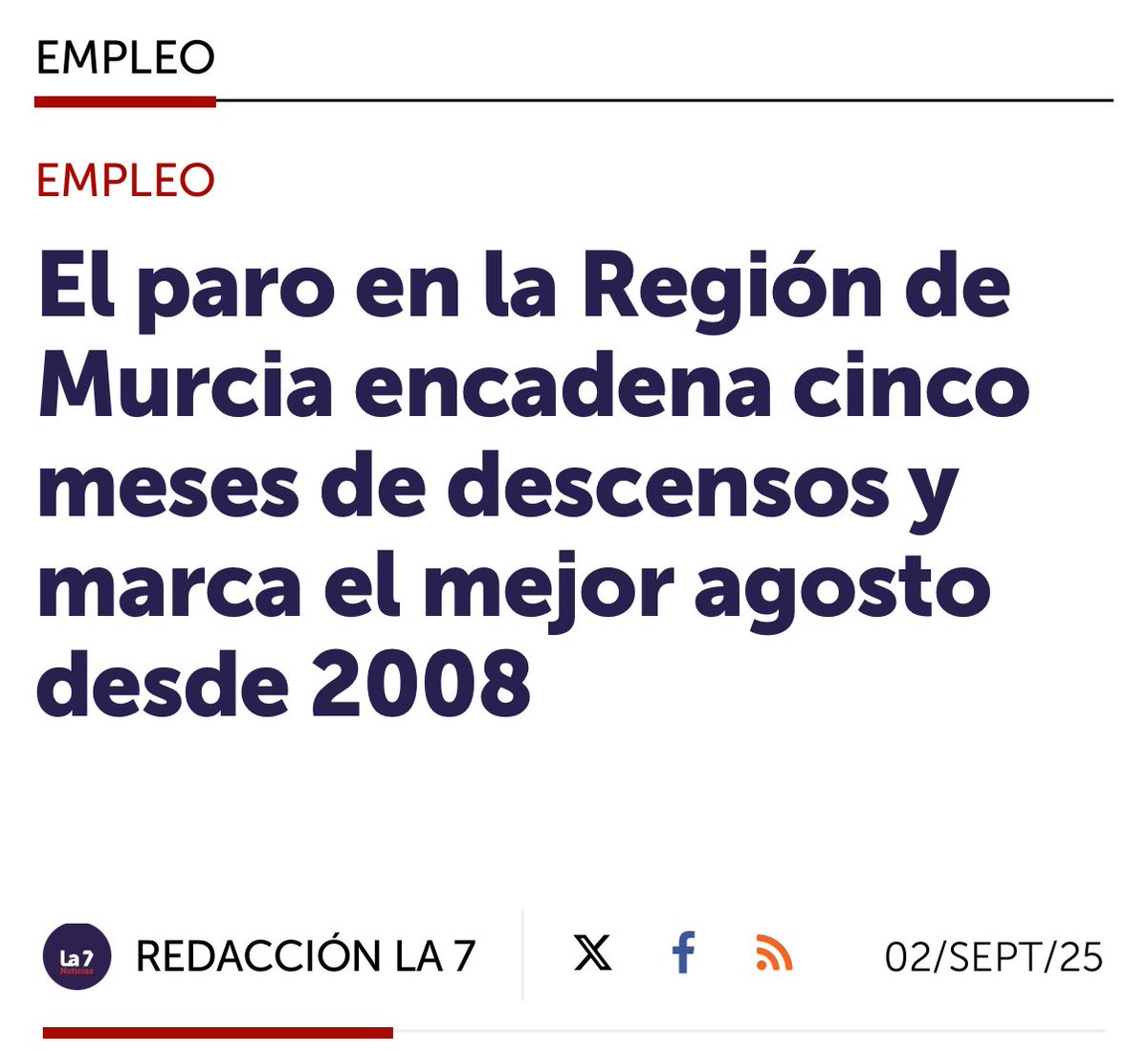 Un mes más, el paro continúa bajando en la #RegióndeMurcia.

Somos la comunidad autónoma con mayor crecimiento en afiliaciones. Registramos 669.900 afiliados, el dato más alto de la serie histórica en un mes de agosto.

Seguimos creando puestos de trabajo e impulsando la