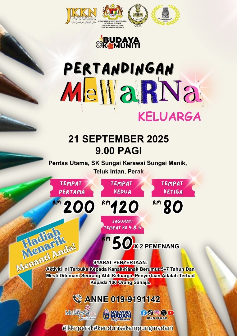 Pertandingan Mewarna Keluarga

📷 Tarikh: 21 September 2025 (Ahad)
📷 Masa: 9.00 pagi
📷 Pentas Utama, SK Sungai Kerawai, Sungai Manik, Teluk Intan, Perak

Daftar :
docs.google.com/forms/d/e/1FAI…