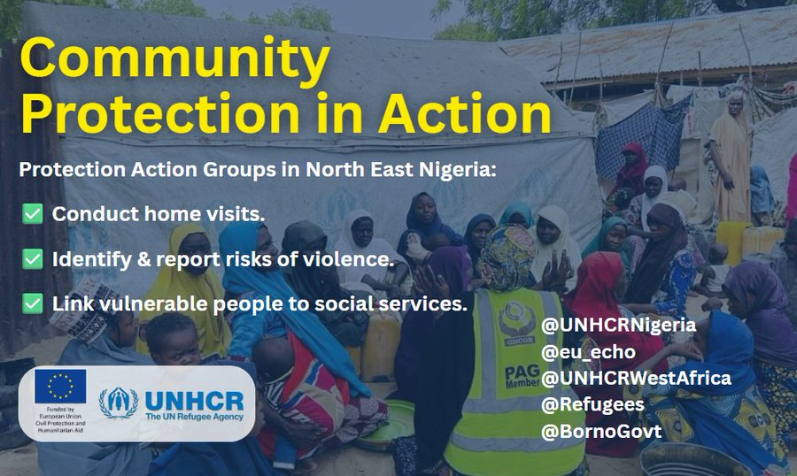 With support from the 🇪🇺European Union, @UNHCRNigeria work alongside over 100 Protection Action Groups in North East 🇳🇬. Community volunteers ensuring IDPs, refugees &amp; hosts are protected every day. Thank you <a href="/eu_echo/">EU Civil Protection & Humanitarian Aid 🇪🇺</a>. #WithRefugees
<a href="/UNHCRWestAfrica/">UNHCR West & Central Africa</a> <a href="/BornoGovt/">Borno State Gov't</a> <a href="/arjun_unhcr/">𝚊𝚛𝚓𝚞𝚗</a>