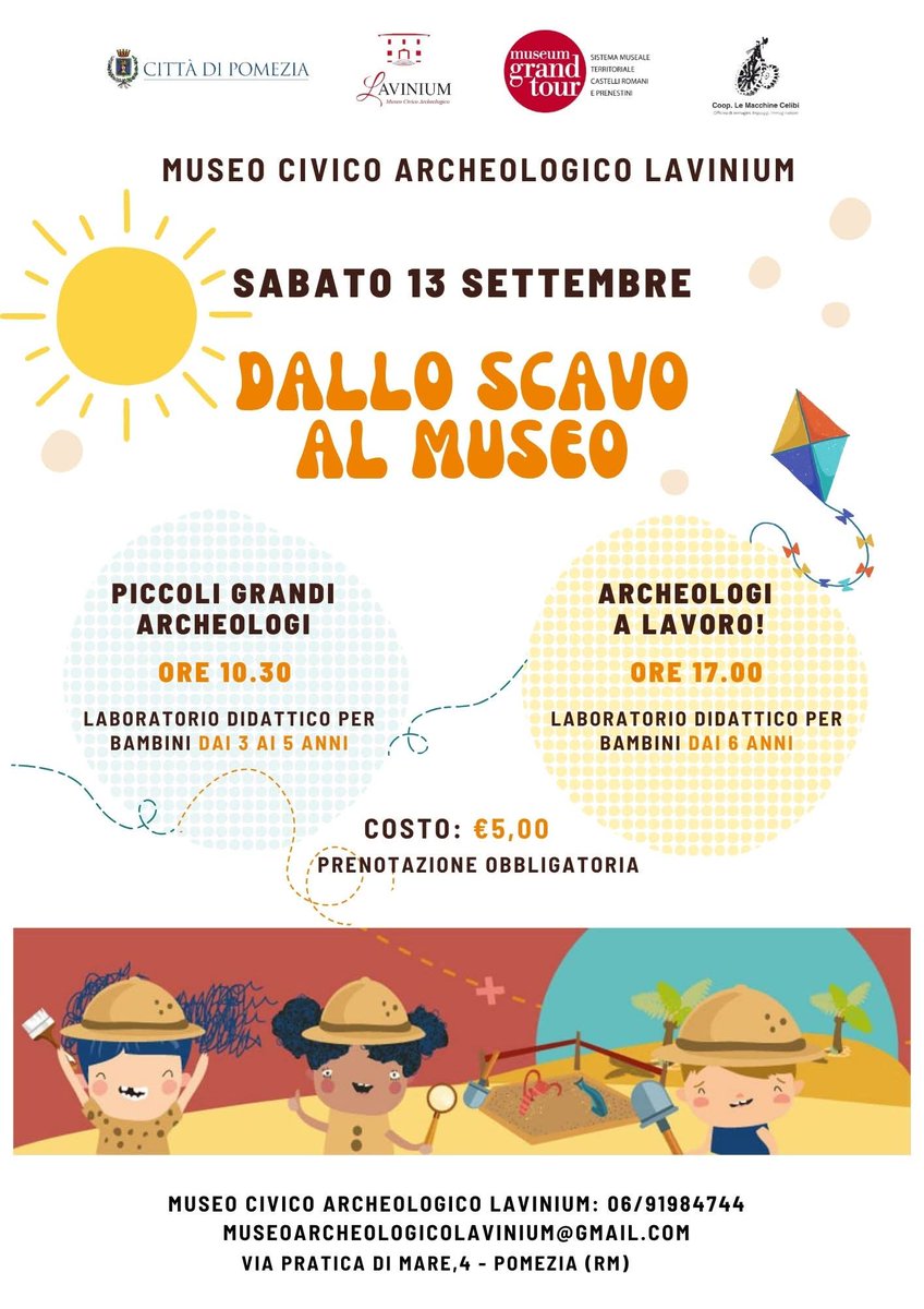 𝗗𝗮𝗹𝗹𝗼 𝘀𝗰𝗮𝘃𝗼 𝗮𝗹 𝗠𝘂𝘀𝗲𝗼

 𝙎𝙖𝙗𝙖𝙩𝙤 𝟭𝟯 𝙨𝙚𝙩𝙩𝙚𝙢𝙗𝙧𝙚 

Un laboratorio per imparare i segreti del mestiere dell'archeologo

 𝟭𝟬:𝟯𝟬 bambini 3-5 anni
 𝟭𝟳:𝟬𝟬 bambini dai 6 anni
 𝐂𝐨𝐬𝐭𝐨 € 𝟱

#MuseoLavinium #Pomezia #MIC #archeologiaperbambini