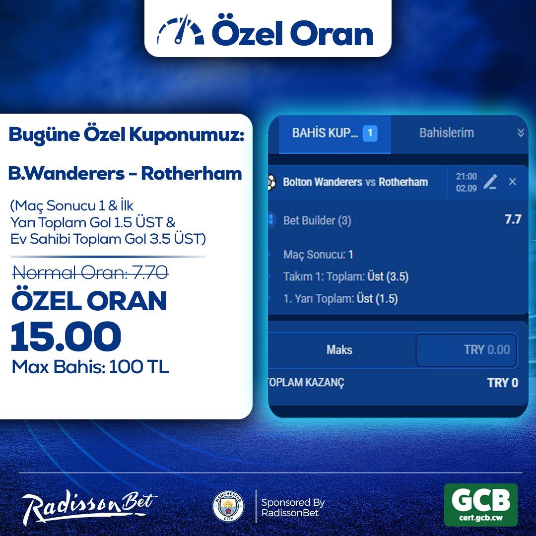 📢 Radisson Paylaşıyor – ÖZEL ORAN
 
💵 Max Bahis: 100 TL
💵 Maks. Kazanç: 1.500 TL
Katılım ÜCRETSİZ!
 
⚔️ Bolton Wanderers – Rotherham
🎲 MS 1
🎲 İlk Yarı Toplam Gol 1.5 ÜST
🎲Ev Sahibi Toplam Gol 3.5 ÜST
 
🔥Normal Oran: 7.70
🔥Özel Oran: 15.00
➡️radgit.com/sosyall