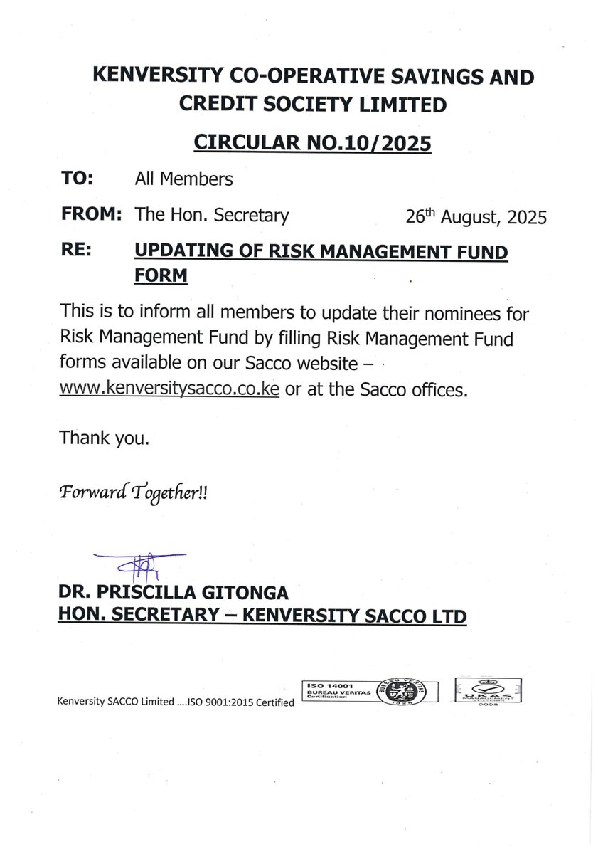 kenversity's tweet image. Official Communication on Risk Fund Management. #kenversitysacco #financialfreedom #riskmanagementfund