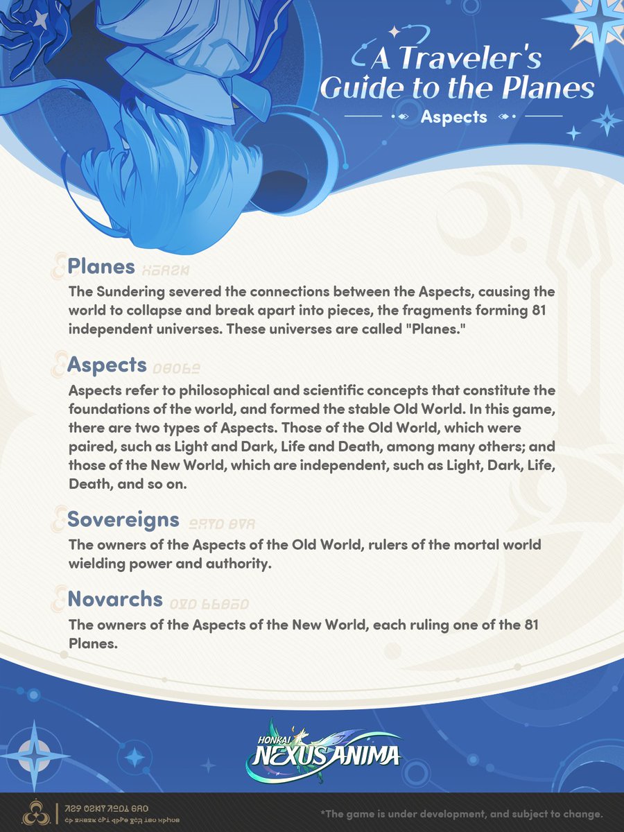 #HonkaiNexusAnima #NexusBondTest
A Traveler's Guide to the Planes | Aspects

Today, we're sharing some information about what the "Aspects" are with everyone!
*The game is under development, and subject to change.

Pre-register for Honkai: Nexus Anima: hoyo.link/xAxdKLVEA