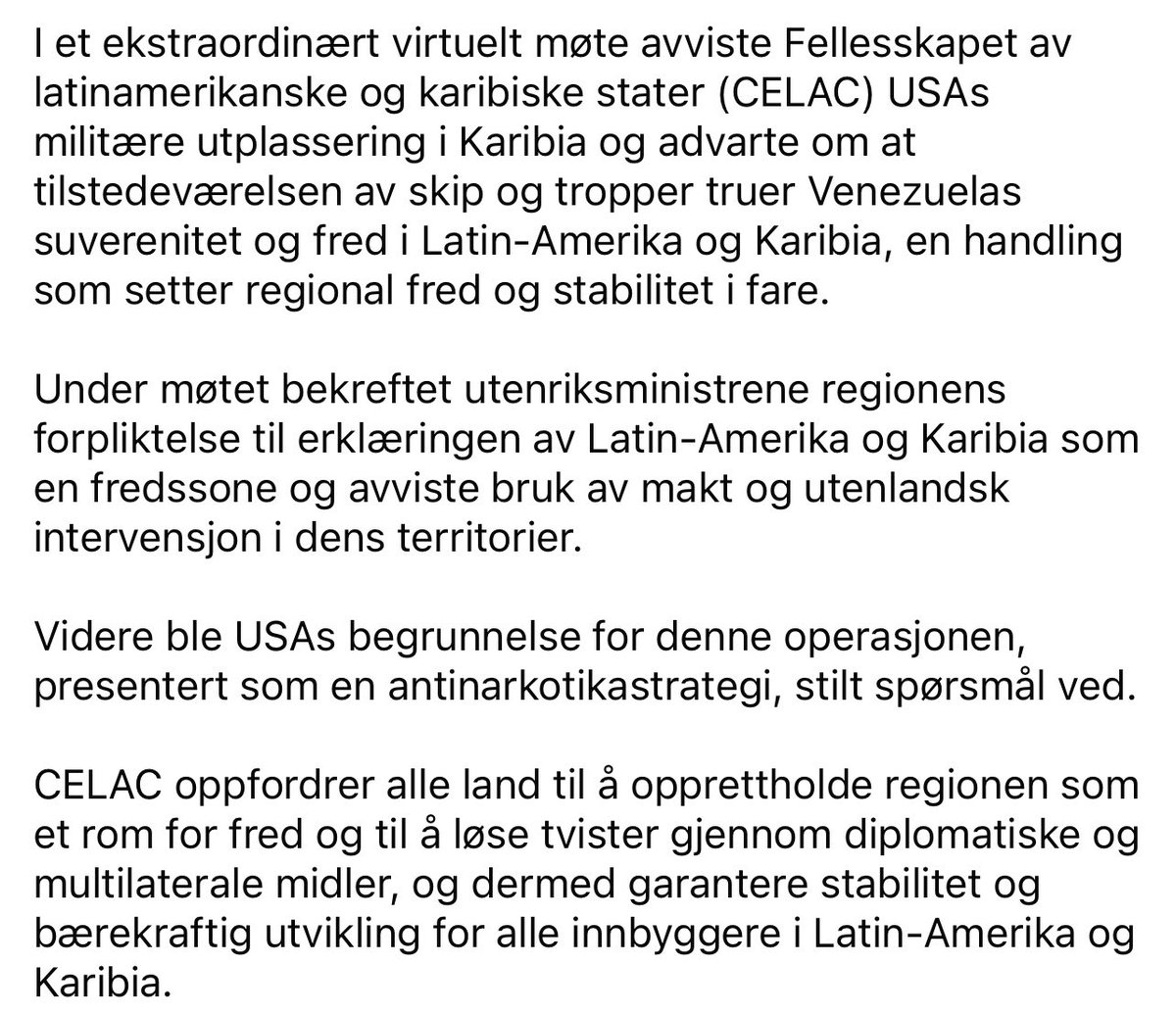 I et ekstraordinært virtuelt møte avviste Fellesskapet av latinamerikanske og karibiske stater (CELAC) USAs militære utplassering i Karibia og advarte om at tilstedeværelsen av skip og tropper truer Venezuelas suverenitet og fred i Latin-Amerika og Karibia … 👇🏿