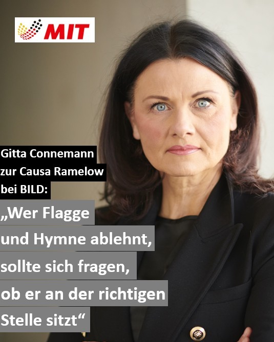 Mittelstands- und Wirtschaftsunion (MIT) (@mit_bund) on Twitter photo Der linke Bundestagsvize Bodo Ramelow fordert eine neue Fahne & Hymne für 🇩🇪. MIT-Chefin <a href="/gitta_connemann/">Gitta Connemann</a> kontert in der @Bild: „Wer Flagge & Hymne ablehnt, sitzt am falschen Platz.“ Klar ist: Schwarz-Rot-Gold steht für Einigkeit, Recht & Freiheit.👉m.bild.de/politik/er-wil… Der linke Bundestagsvize Bodo Ramelow fordert eine neue Fahne & Hymne für 🇩🇪. MIT-Chefin <a href="/gitta_connemann/">Gitta Connemann</a> kontert in der @Bild: „Wer Flagge & Hymne ablehnt, sitzt am falschen Platz.“ Klar ist: Schwarz-Rot-Gold steht für Einigkeit, Recht & Freiheit.👉m.bild.de/politik/er-wil…